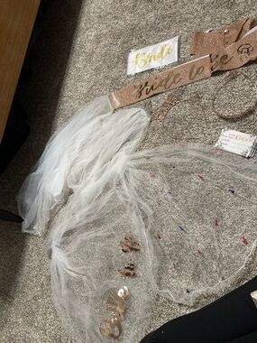 Bride-to-Be Veil with Rose Gold Lettering and Confetti plus sash and headbands